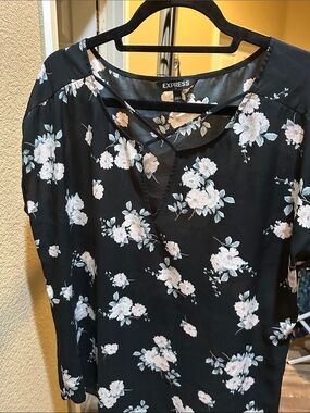 Express Black Floral Blouse with Pale Pink Flowers